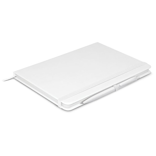 A white Omega Notebook with an attached pen, featuring a sleek design and an elastic closure.
