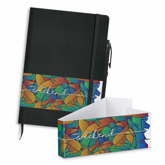 A black notebook with a colourful patterned band and a matching pen, featuring a branding logo.