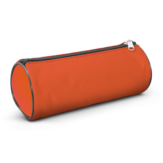 An orange cylindrical pencil case with a zippered closure, designed for office and business use.