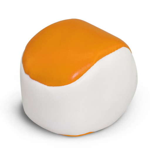 A hacky sack in orange and white, featuring a smooth, rounded shape and a no-slip texture. It has a logo.