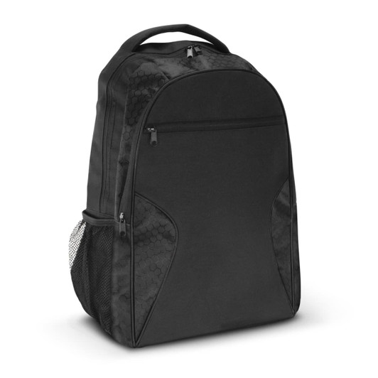 A black Artemis Laptop Backpack featuring a sleek design with hexagonal patterned accents and a side mesh pocket.