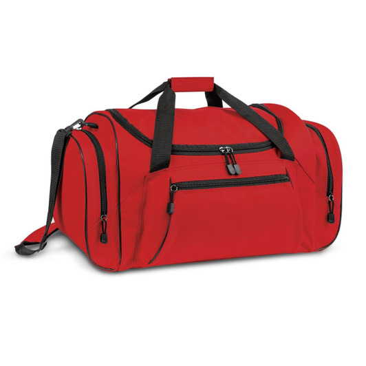 A red duffle bag with black accents, featuring multiple zippered pockets and a detachable shoulder strap.