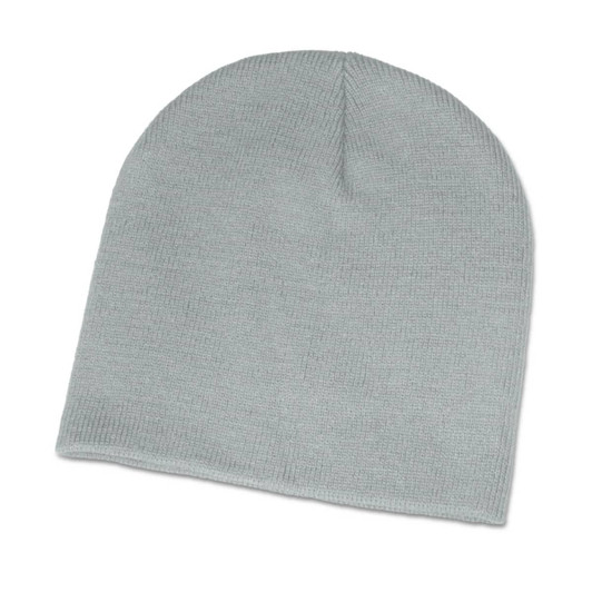 A light grey beanie with a simple, textured design. It features a logo on the side.