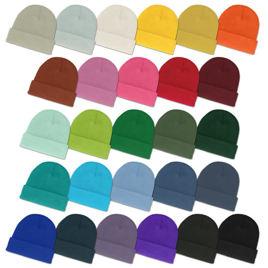 A collection of colourful beanies in various shades, including yellow, pink, green, and blue, arranged in rows.