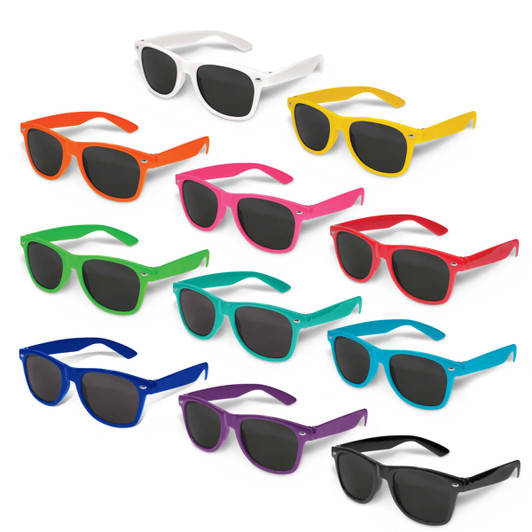 A selection of Malibu Premium Sunglasses in white, yellow, green, pink, red, blue, and purple, featuring dark lenses.