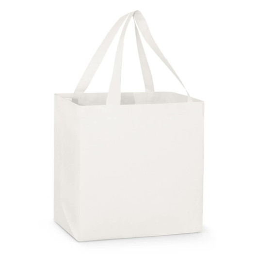 A white tote bag with long handles and a square shape, featuring an attached logo.