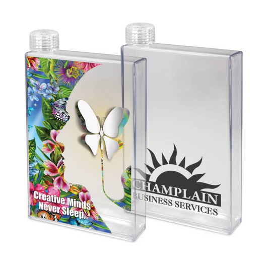 A drink bottle with a clear design featuring a colourful floral pattern and a butterfly. It has a logo on one side.