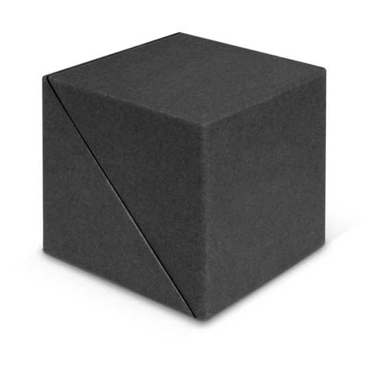 A dark grey cube made of felt, featuring a diagonal seam on one side. It has a minimalist design and a logo.