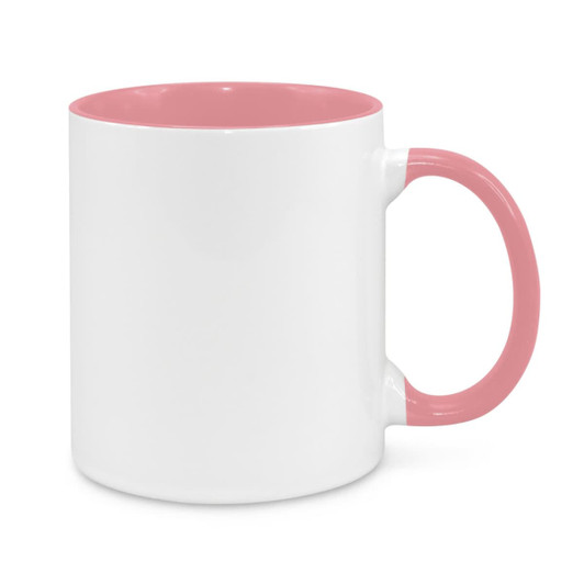 A two-tone coffee mug featuring a white exterior with a pink interior and handle. It has a simple design and a logo.