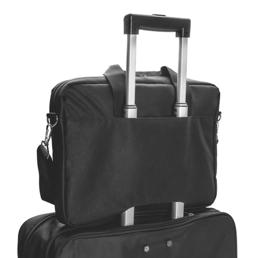A black laptop bag with a telescopic handle, designed for easy transport, featuring additional straps.