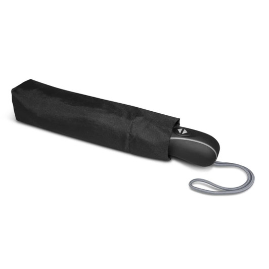 A black umbrella partially tucked into a protective sleeve, featuring a handle and a hanging strap.