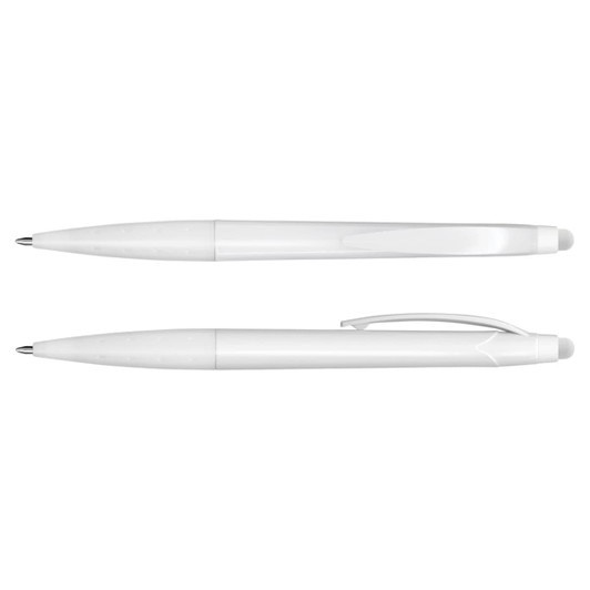 A white stylus pen featuring a sleek design and a logo, ideal for writing and touchscreen use.