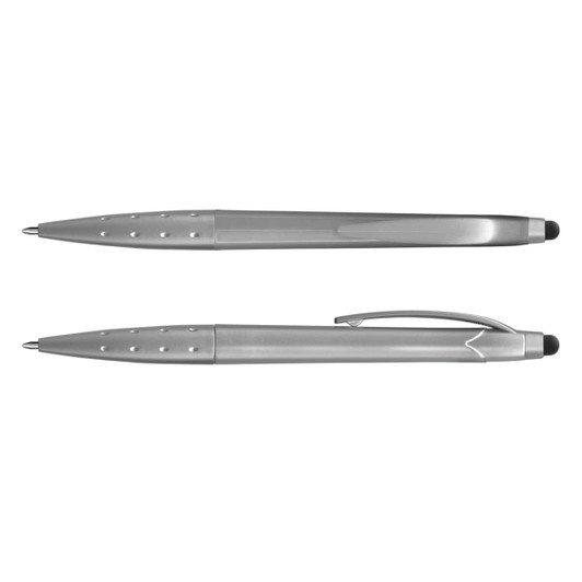 A metallic stylus pen with a sleek design, featuring a textured grip and a clip, in shades of silver.