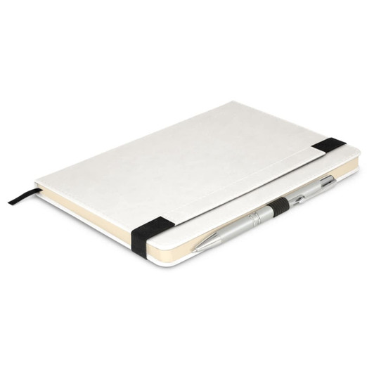 A white notebook with a pen attached, featuring an elastic band closure. The notebook has a smooth finish.
