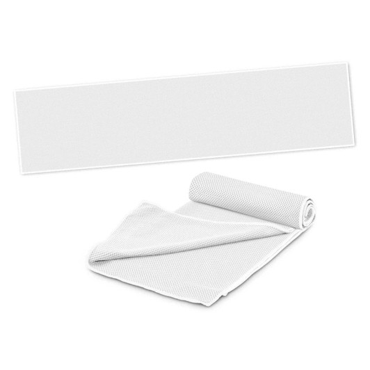 A white cooling towel rolled and unfolded, featuring a textured surface, with a pouch included in the image.