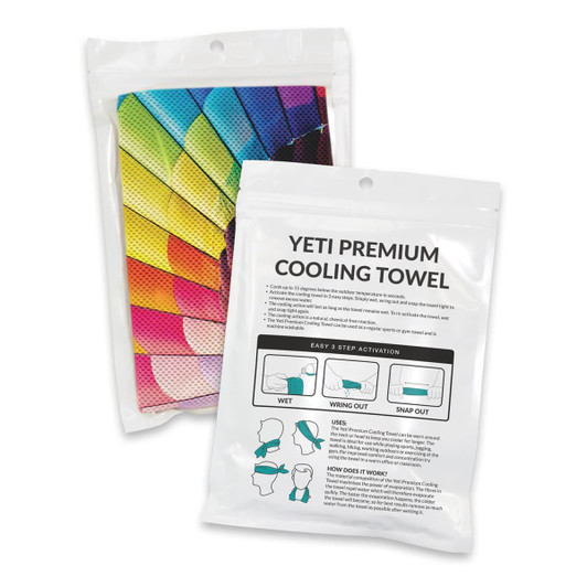 A full-colour Yeti premium cooling towel in a pouch, featuring a vibrant, multicoloured design. The pouch has a logo.