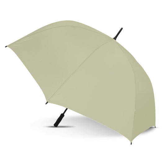 A large umbrella in a light beige color with a sturdy black handle and support frame.