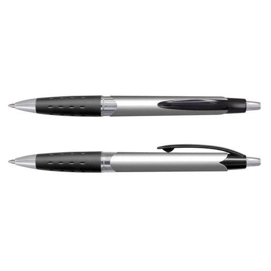 A silver and black plastic pen with a textured grip and click mechanism, featuring a logo on its body.