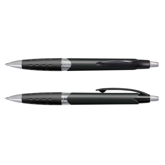 A pair of green plastic pens with black grips and silver accents, featuring a logo on the barrel.
