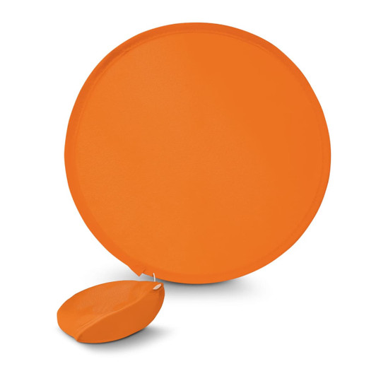 An orange fan with a matching pouch, both in a round shape, displayed on a white background.