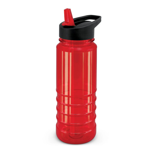 A drink bottle with a clear red body and a black lid, featuring a built-in straw for easy sipping.