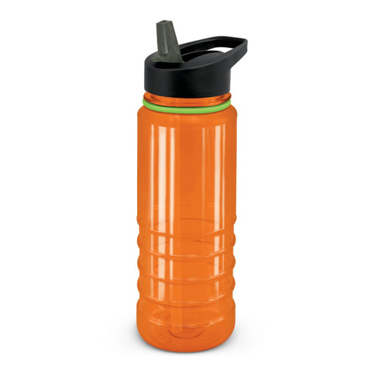 A drink bottle in vibrant orange with a black cap and green accent, featuring a textured grip design.