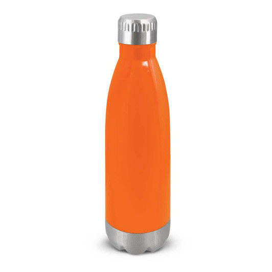 A drink bottle with an orange body and a silver stainless steel base, featuring a logo.
