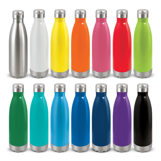 A drink bottle collection featuring various colours, including stainless steel, white, yellow, orange, pink, red, green, blue, and black.
