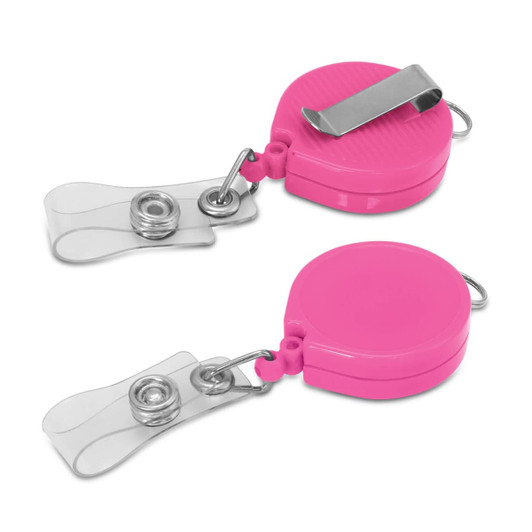 A pink retractable ID holder featuring a clip for easy attachment and a transparent strap for securing IDs or badges.