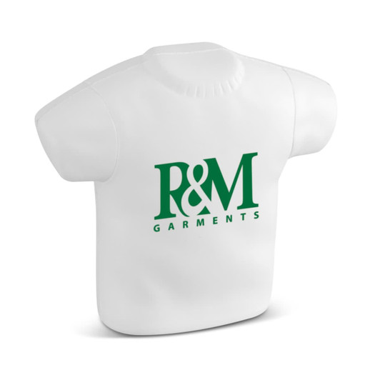 A stress-relief T-shirt shaped toy with a logo that reads "R&M Garments."