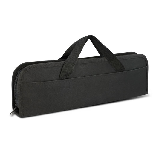 A black zipped case with handles, designed to hold BBQ tools and accessories. It features a sturdy exterior.
