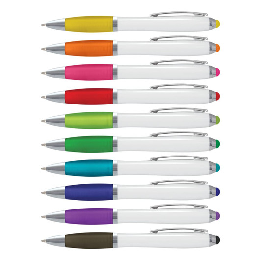 A collection of stylus pens with white barrels and vibrant coloured grips in various shades. Each pen includes a pocket clip.