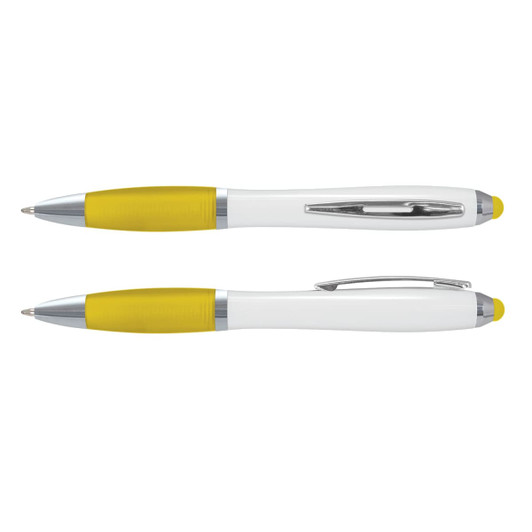 A stylus pen with a white barrel and yellow accents, featuring a sleek design and chrome details.