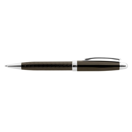 A metal pen in black with a glossy finish and silver accents, featuring a clip and a textured grip area.
