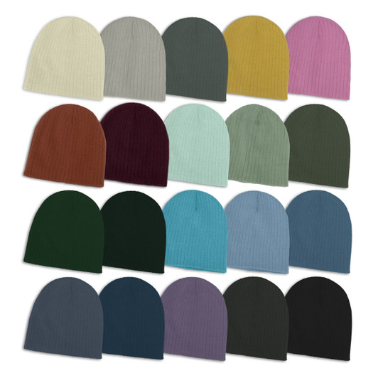 A series of cable knit beanies in various colours, including cream, grey, green, purple, and burgundy, arranged in a grid.