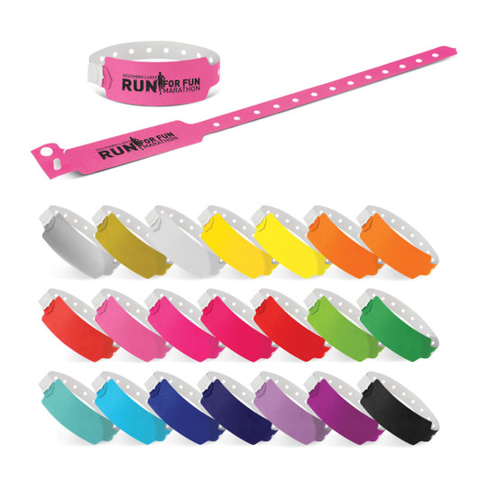 A collection of plastic event wristbands in various colours, including pink, yellow, green, and purple, featuring a logo.