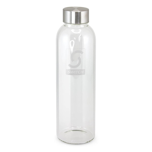 A drink bottle made of clear glass with a stainless steel cap. The bottle features an engraved logo in the center.
