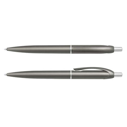 A grey plastic pen with a sleek design, featuring a clip and silver detailing, along with a matching pen without a clip.