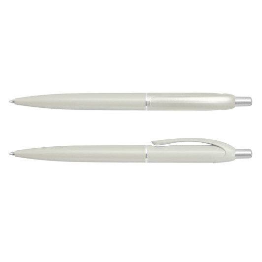 A light green plastic pen with a silver clip and tip, featuring a simple, sleek design.