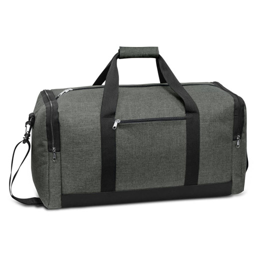 A dark green duffle bag with black accents, featuring a shoulder strap and zippered pockets. It has a logo on it.