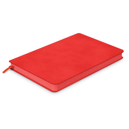 A red medium notebook with a textured cover and a ribbon bookmark, featuring a logo on the front.