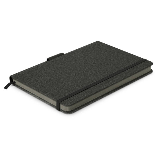 A dark green notebook with a textured cover, featuring an elastic band and a ribbon bookmark. It has a logo on the front.
