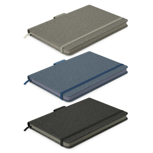 Three Meridian Notebooks in grey, blue, and dark grey, featuring elastic bands and fabric covers. Each notebook has a logo.