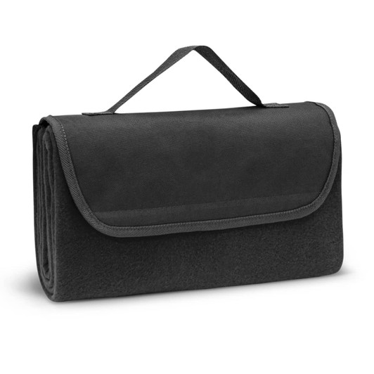 A Yukon Fleece Blanket in a compact, foldable design with a carrying handle, featuring a black, soft fleece exterior.