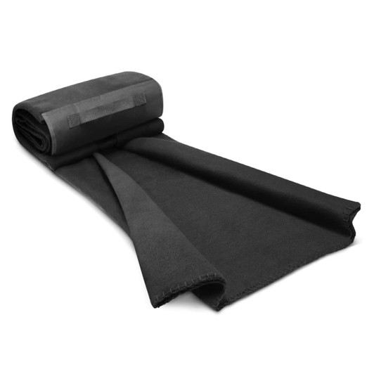 A rolled Yukon Fleece Blanket in a solid black color is displayed, showcasing its soft texture and clean edges.