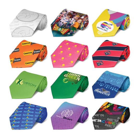 A collection of twelve ties in various vibrant colours and patterns, including designs with logos and playful motifs.