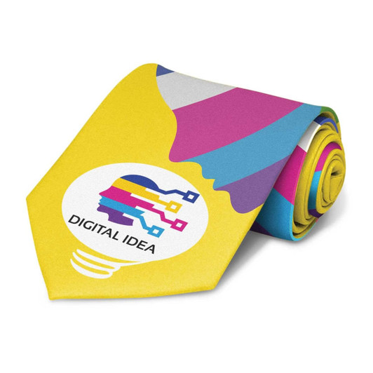 A brightly coloured tie featuring abstract designs in shades of yellow, pink, blue, and purple, with a logo.