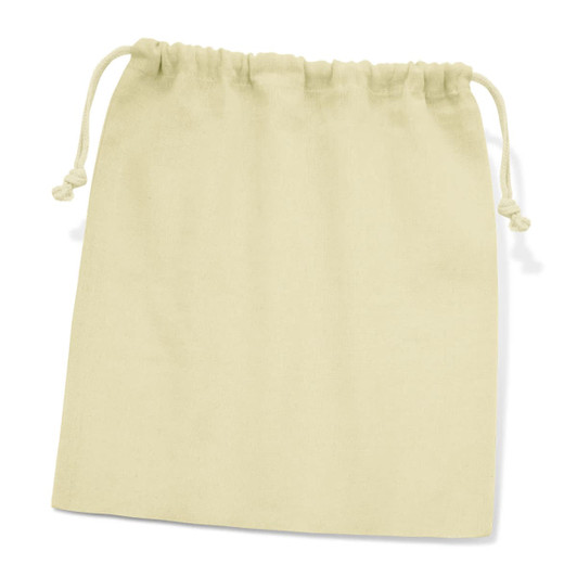 A large cotton gift bag in a light beige color, featuring a drawstring closure.