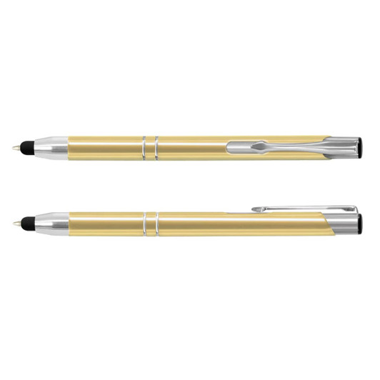 A gold metal stylus pen featuring a sleek design and a chrome clip. It has a logo on its body.