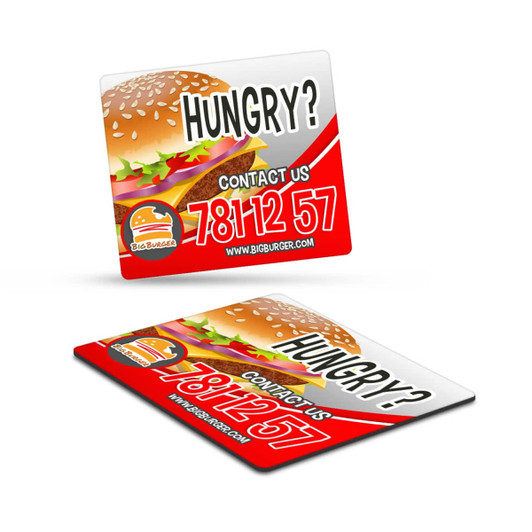 A rectangular fridge magnet featuring a colourful burger design with a logo and contact information.